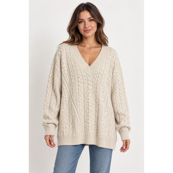 Zara Sweaters - Zara Knit Womens Small Cream Beige Cable Knit V-Neck Oversized Sweater Pullover